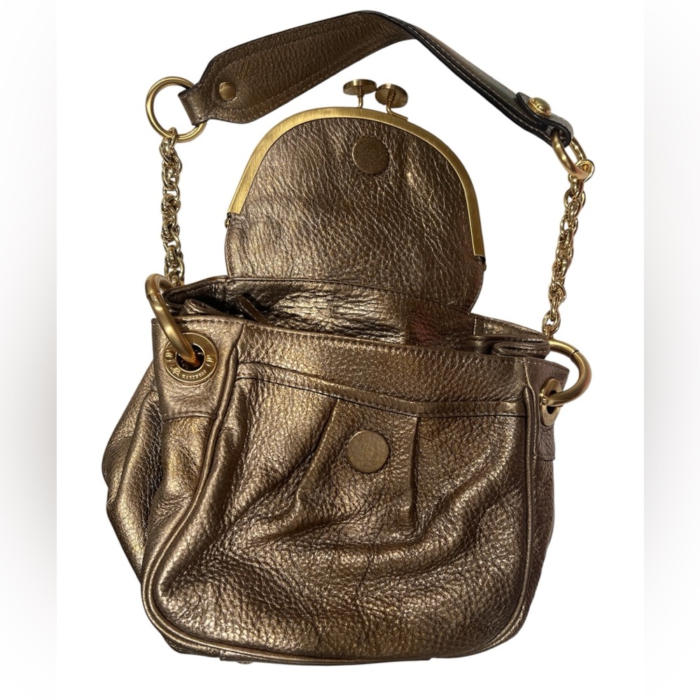 Vintage B Makowsky Bronze Metallic Leather Kiss-Lock Satchel Pristine Condition - Picture 9 of 13